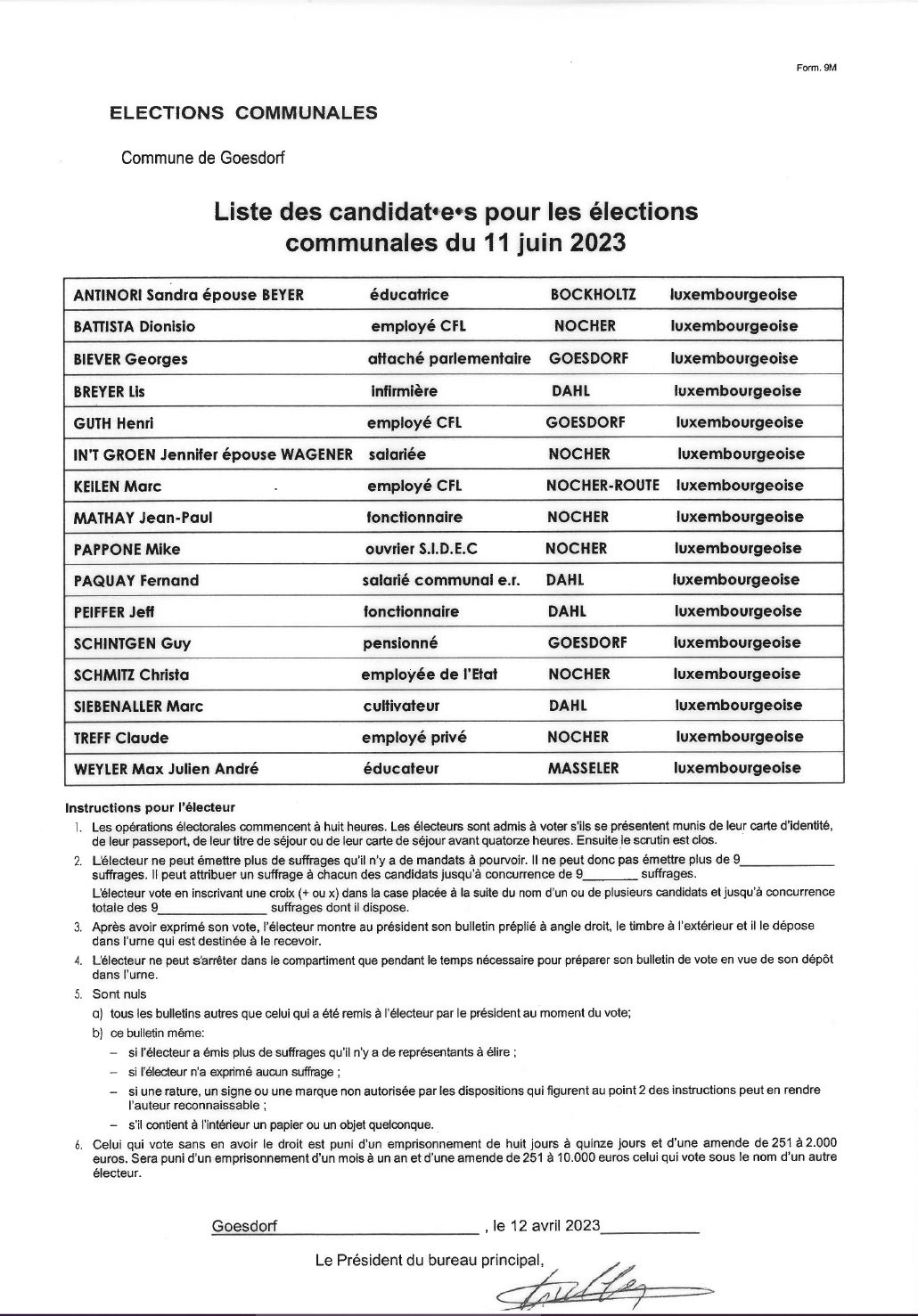 Liste des candidat-e-s pour les élections communales du 11 juin 2023