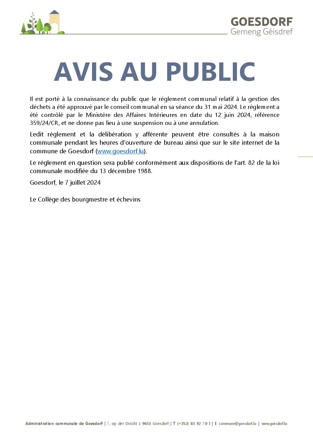 Avis au Public_Publication Règlements communaux_règlement déchets_31.05.2024