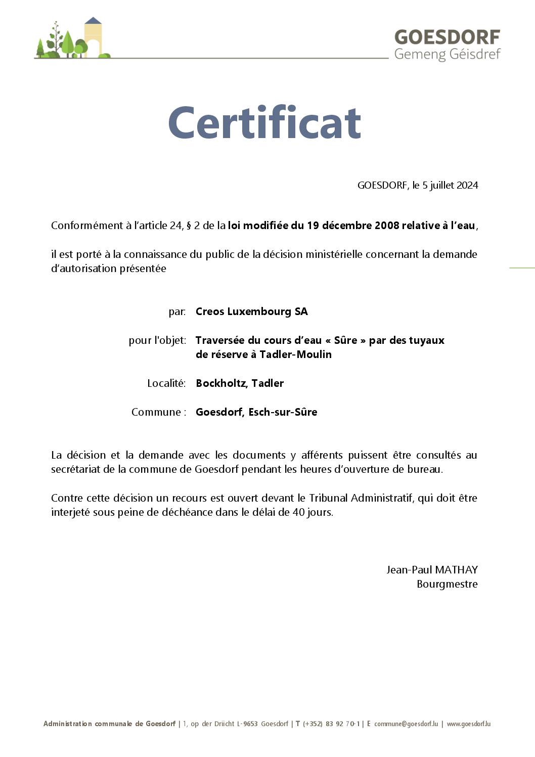 certificat décision ministérielle, art. 24 § 2 de la loi modifiée du 19 décembre 2018 relative à l'eau _Creos Luxembourg_05.07.2024