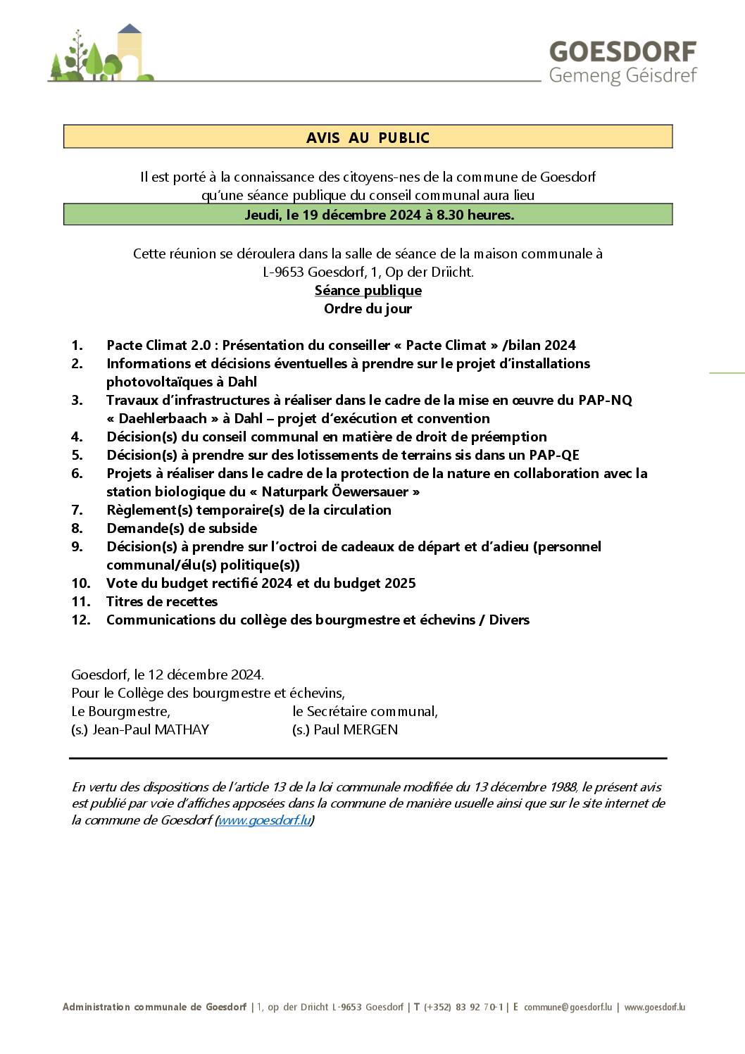 Convocation CC 19 12 2024_AVIS AU PUBLIC_Séance publique Conseil communal