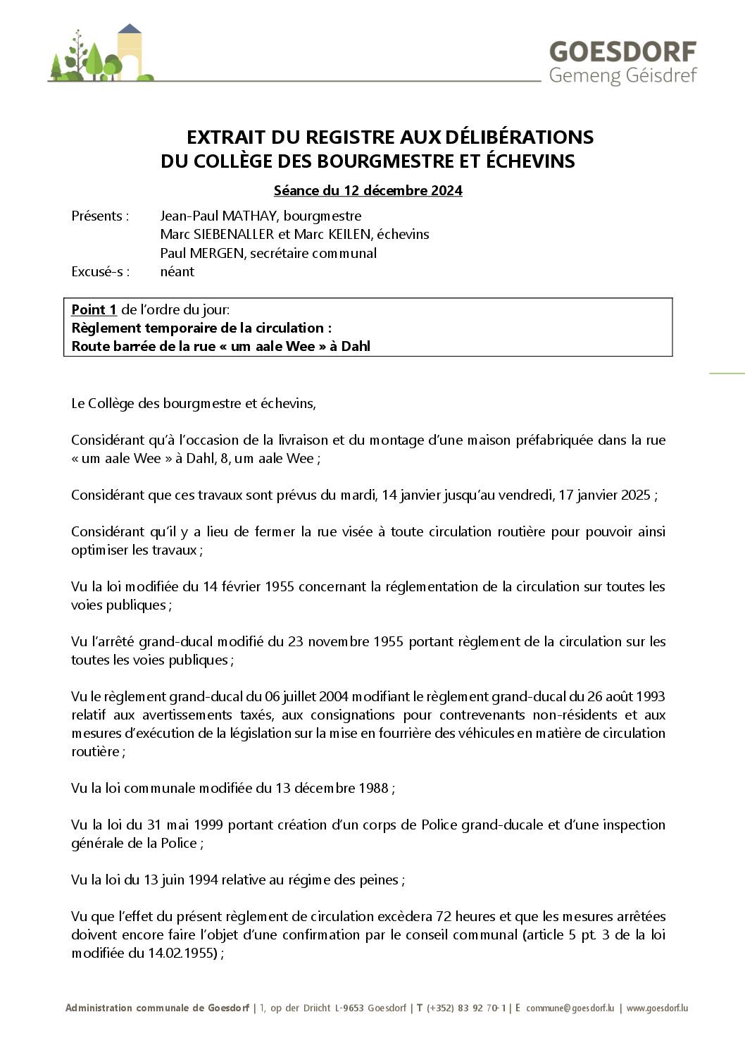 Règlement temporaire de la circulation_um aale Wee à Dahl_14-17.01.2025