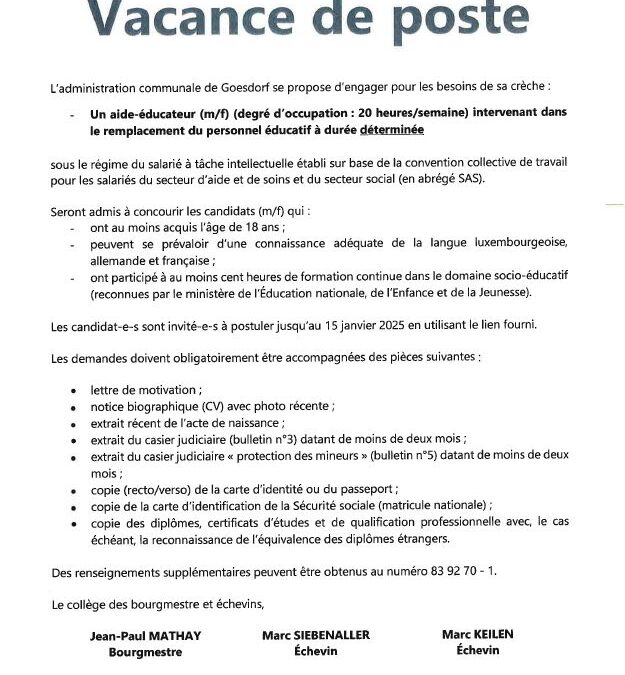 Vacance de poste – aide-éducateur m/f