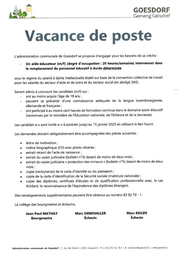 Vacance de poste - aide-éducateur m/f