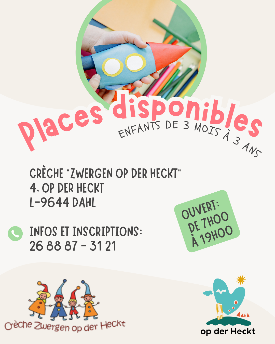 Places disponibles - Crèche "Zwergen op der Heckt"