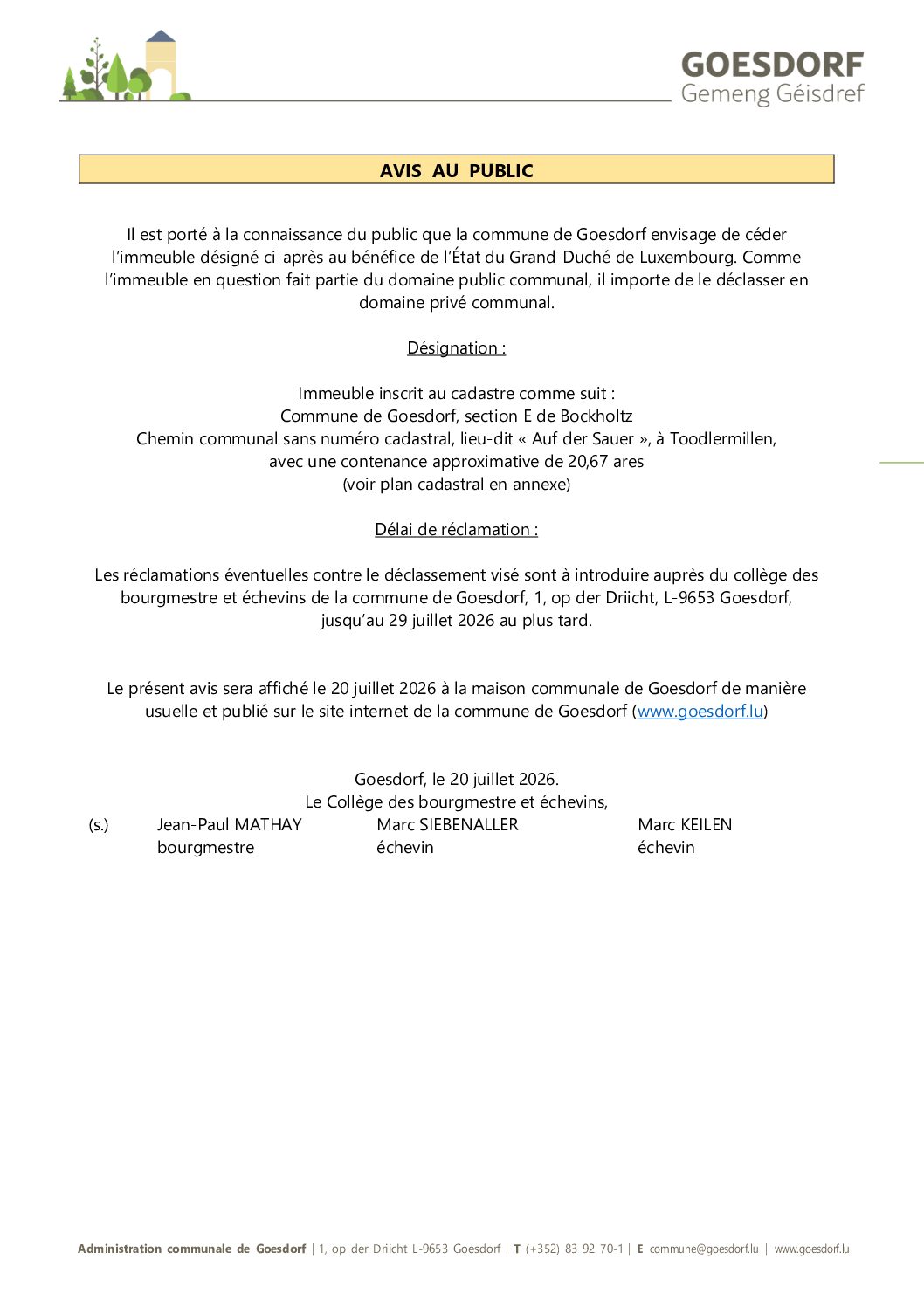 Avis au Public_Déclassement Chemin communal_Camping Toodlermillen_en faveur de l'Etat LUX_avec Certificat de publication_16 07 2026_1pm CBE