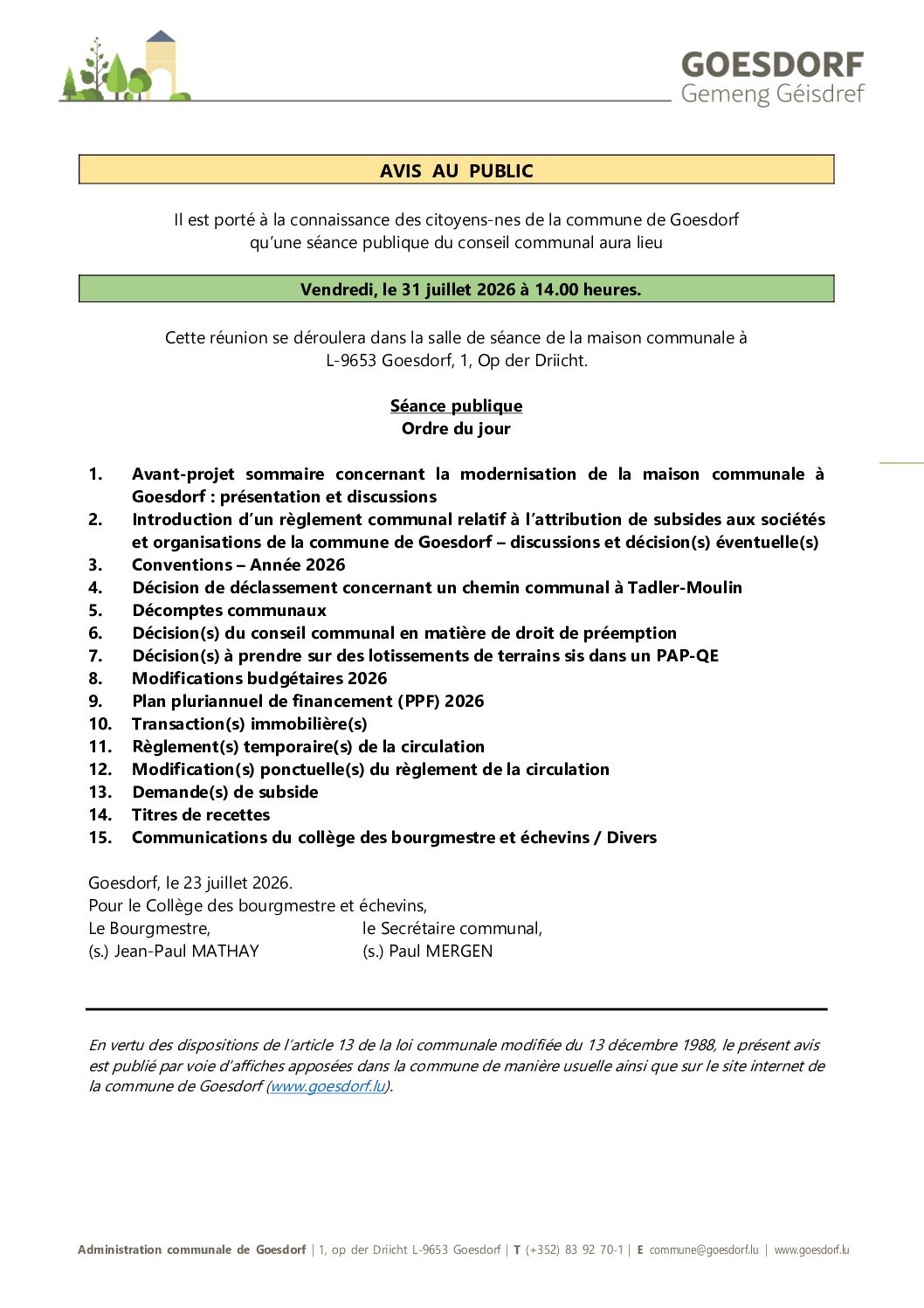 Convocation CC 31 07 2026_AVIS AU PUBLIC_Séance publique Conseil communal_VD 23 07 2026 - 1pm
