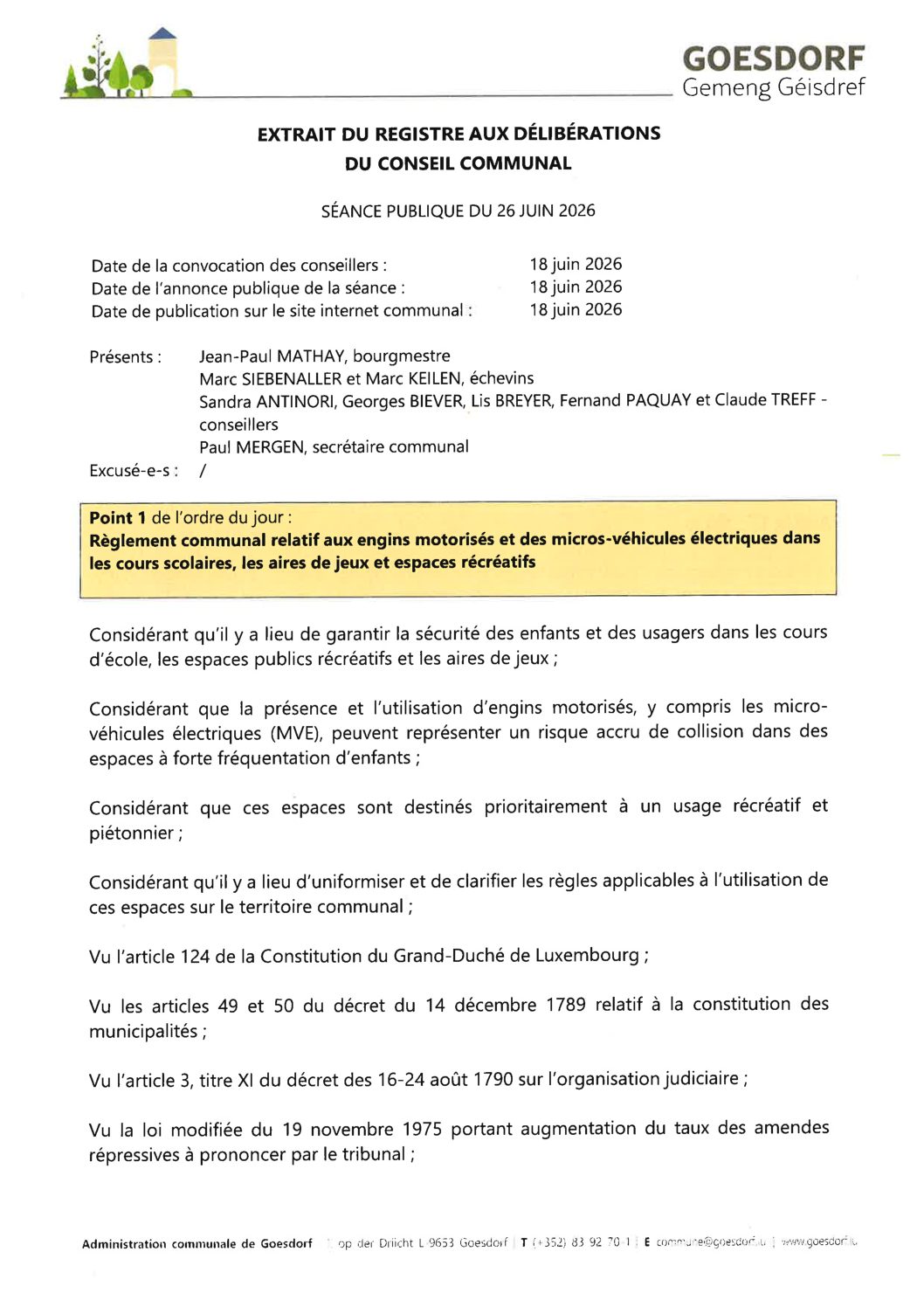 Règlement communal relatif aux engins motorisés et des micro-véhicules électriques dans les cours scolaires, les aires de jeux et espaces récréatifs_26.06.2026