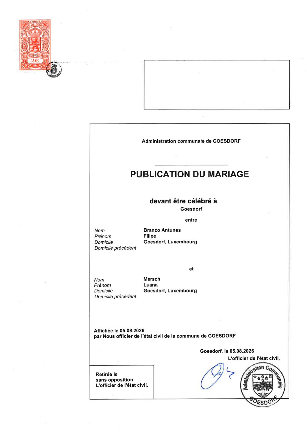 Publication du mariage Branco Antunes Filipe - Mersch Luana