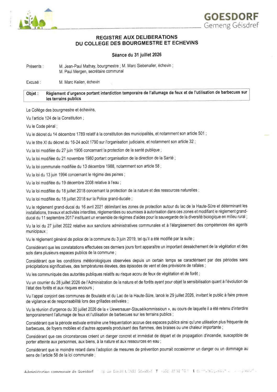 Règlement communal - Interdiction temporaire de l'allumagede feux - barbecue sur terrains publics_Commune de Goesdorf