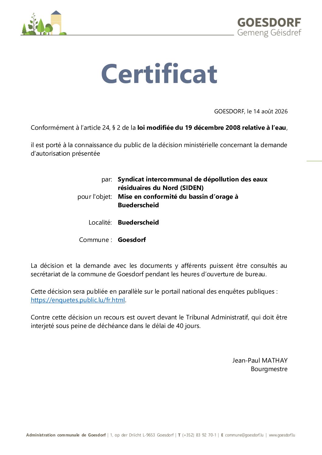 certificat décision ministérielle, art. 24 § 2 de la loi modifiée du 19 décembre 2018 relative à l'eau_SIDEN_14.08.2026