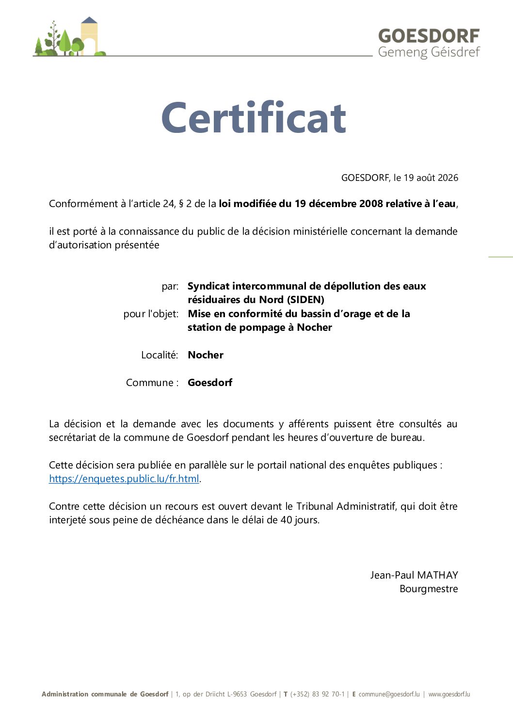 certificat décision ministérielle, art. 24 § 2 de la loi modifiée du 19 décembre 2018 relative à l'eau_SIDEN_19.08.2026