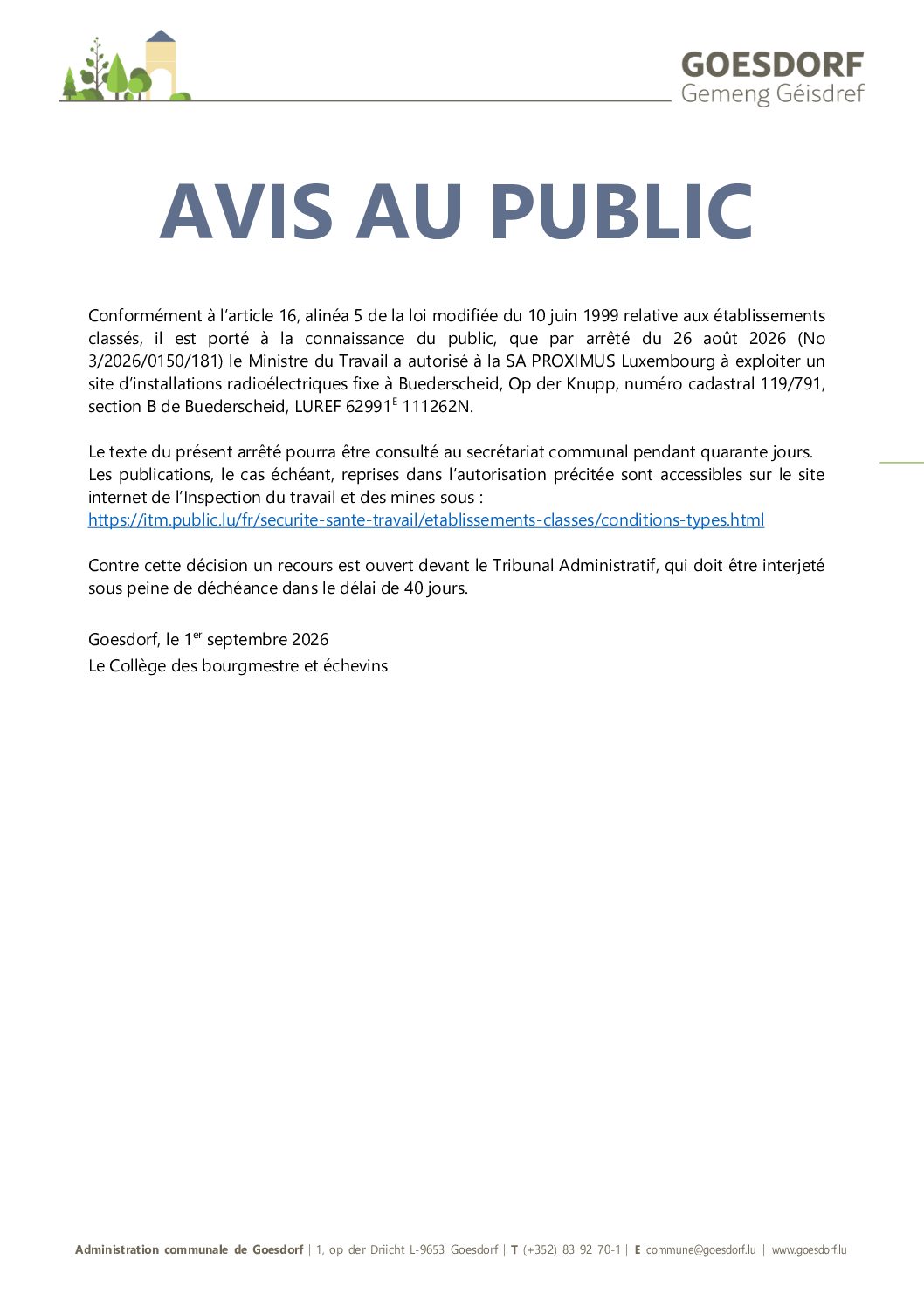 Avis commodo décision ministérielle travail et economie_Prximus Luxembourg SA_01.09.2026