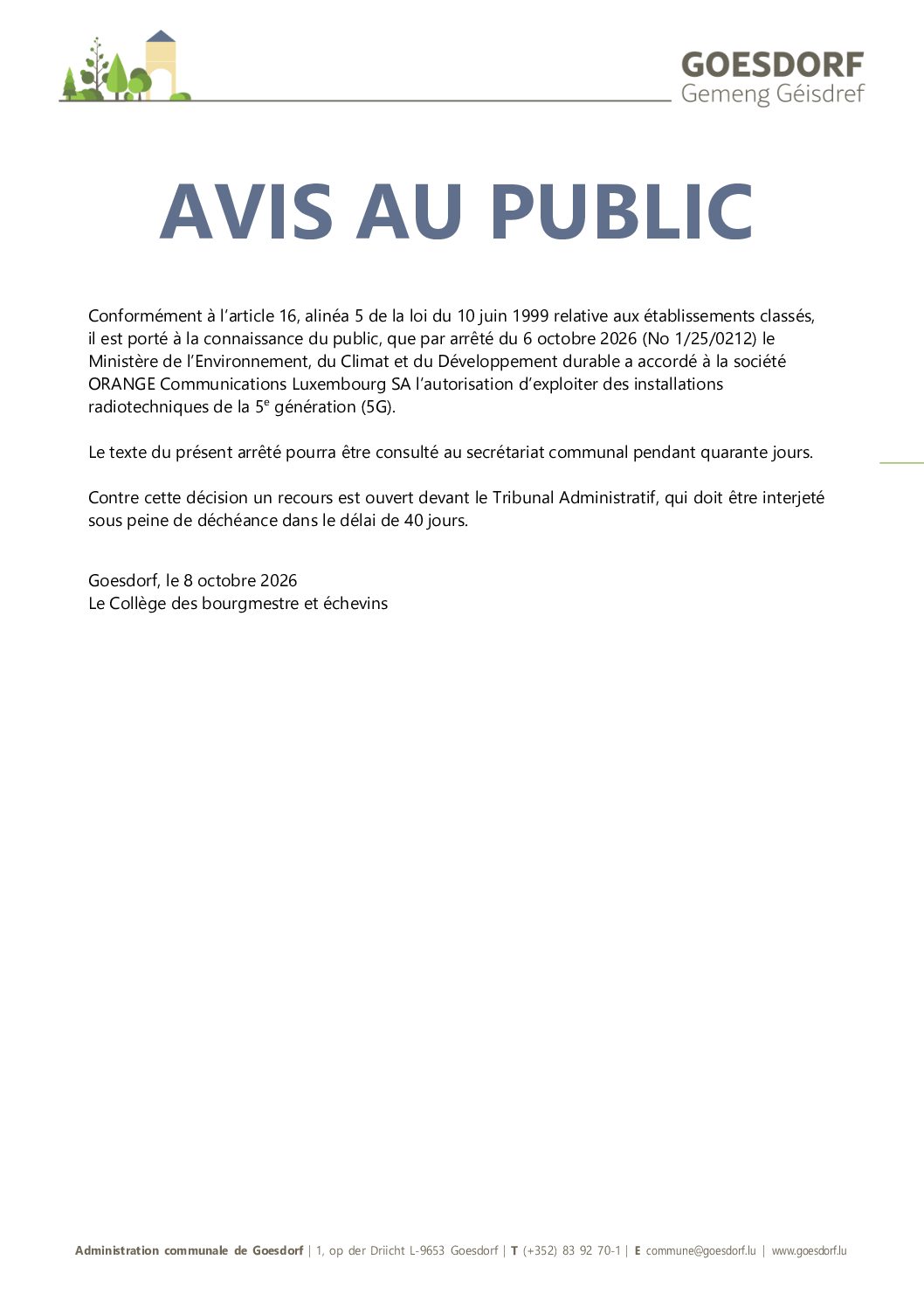 Avis commodo décision ministérielle environnement_Orange Luxembourg_08.10.2026
