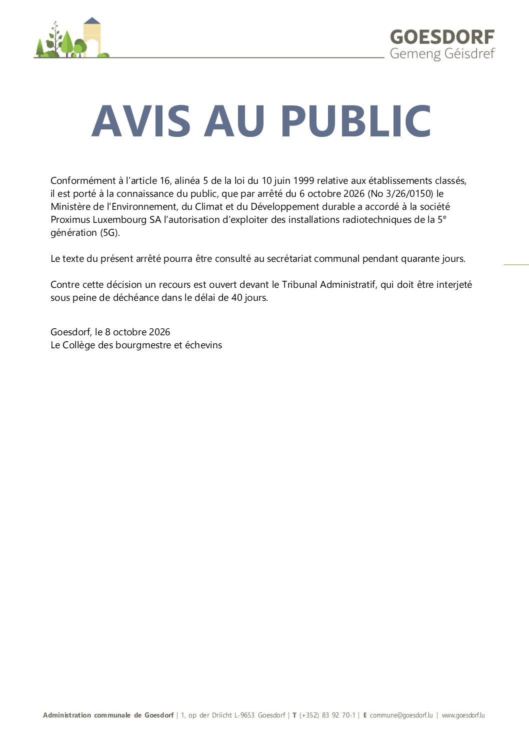 Avis commodo décision ministérielle environnement_Proximus Luxembourg_08.10.2026